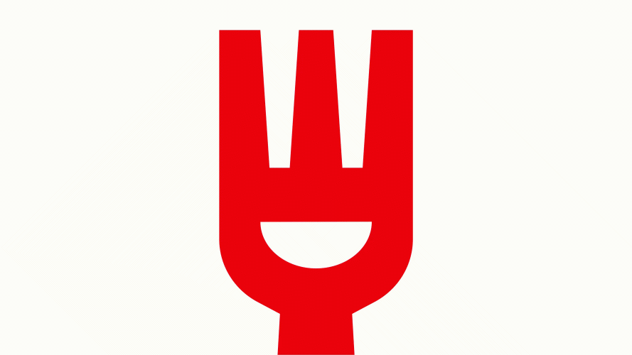 Animated image of the red Fork & Good logo, which is the shape of a fork with a cut-out in the shape of a smile