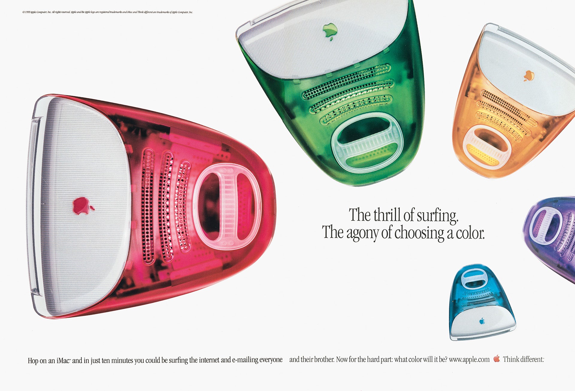 Image shows a 1998 poster advertising Apple's iMacs, showing an aerial shot of different coloured iMacs arranged in a spiral, with the headline' The thrill of surfing. The agony of choosing a colour'