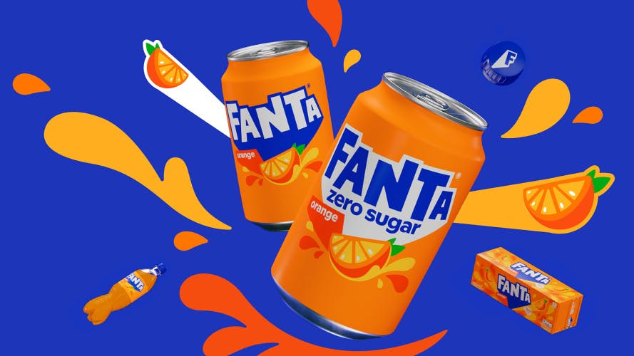 Graphic shows two cans of Fanta surrounded by illustrations of fruit and droplets
