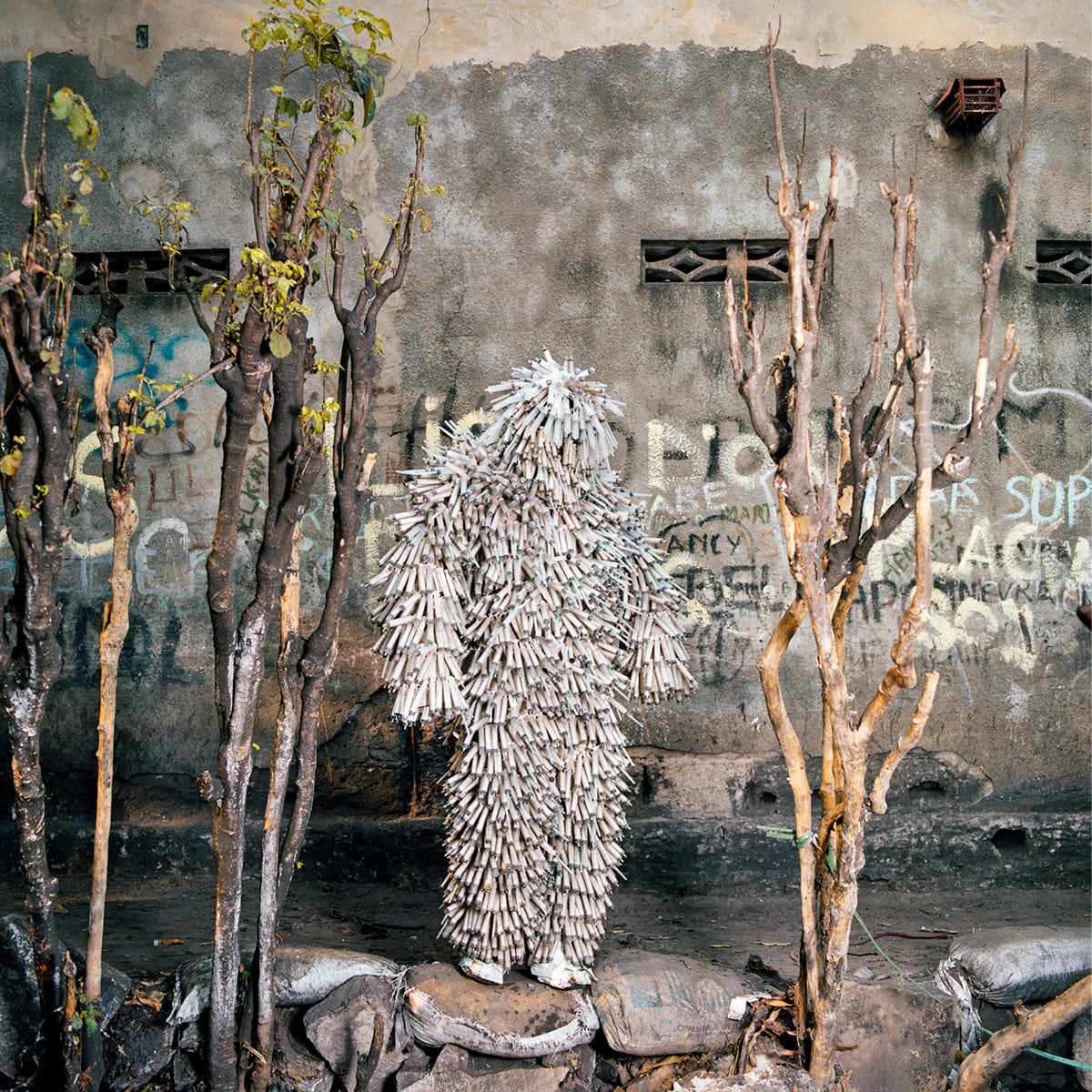 Photo by Colin Delfosse showing a person wearing a costume created from waste that has the appearance of metallic feathers, stood next to bare trees and a graffiti covered wall