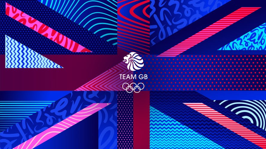 Graphic showing the Team GB branding ahead of Paris 2024, featuring a Union Jack design in contrasting patterns and different shades of blues, pinks and whites, with the Team GB lion badge and Olympic rings at the centre